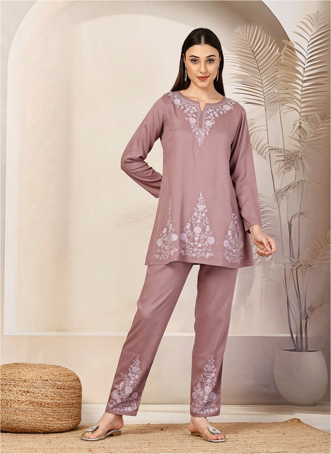 Qazmi Gulnaz Aari Work Viscose Rayon Full Sleeves A-Line CoOrd Set - Image 2